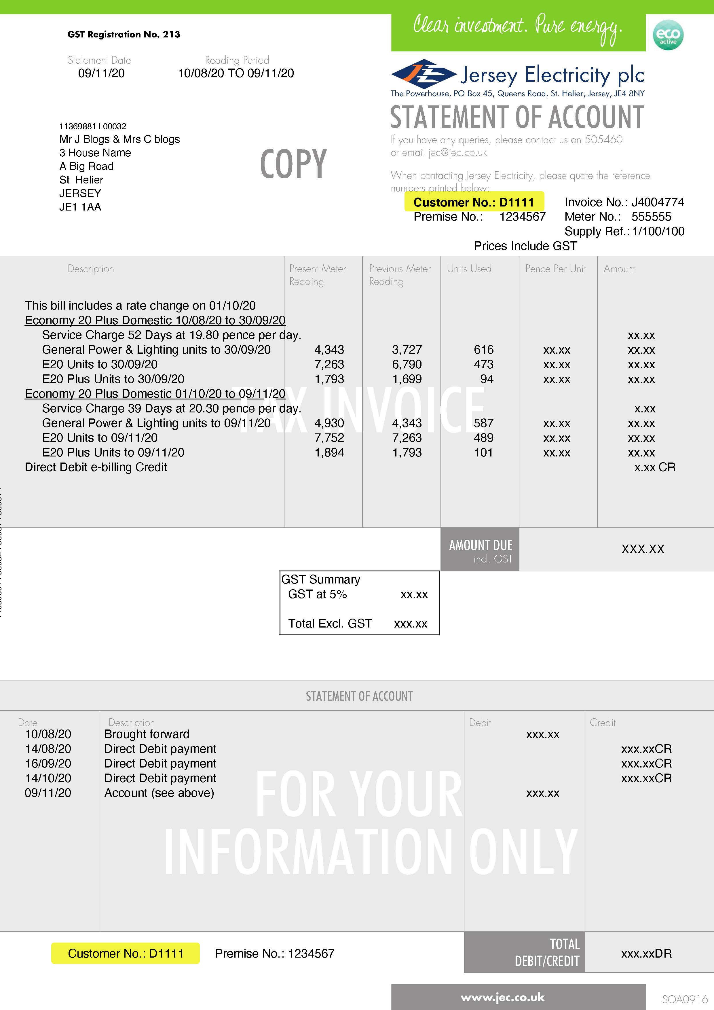 Example electricity bill with the customer number highlighted