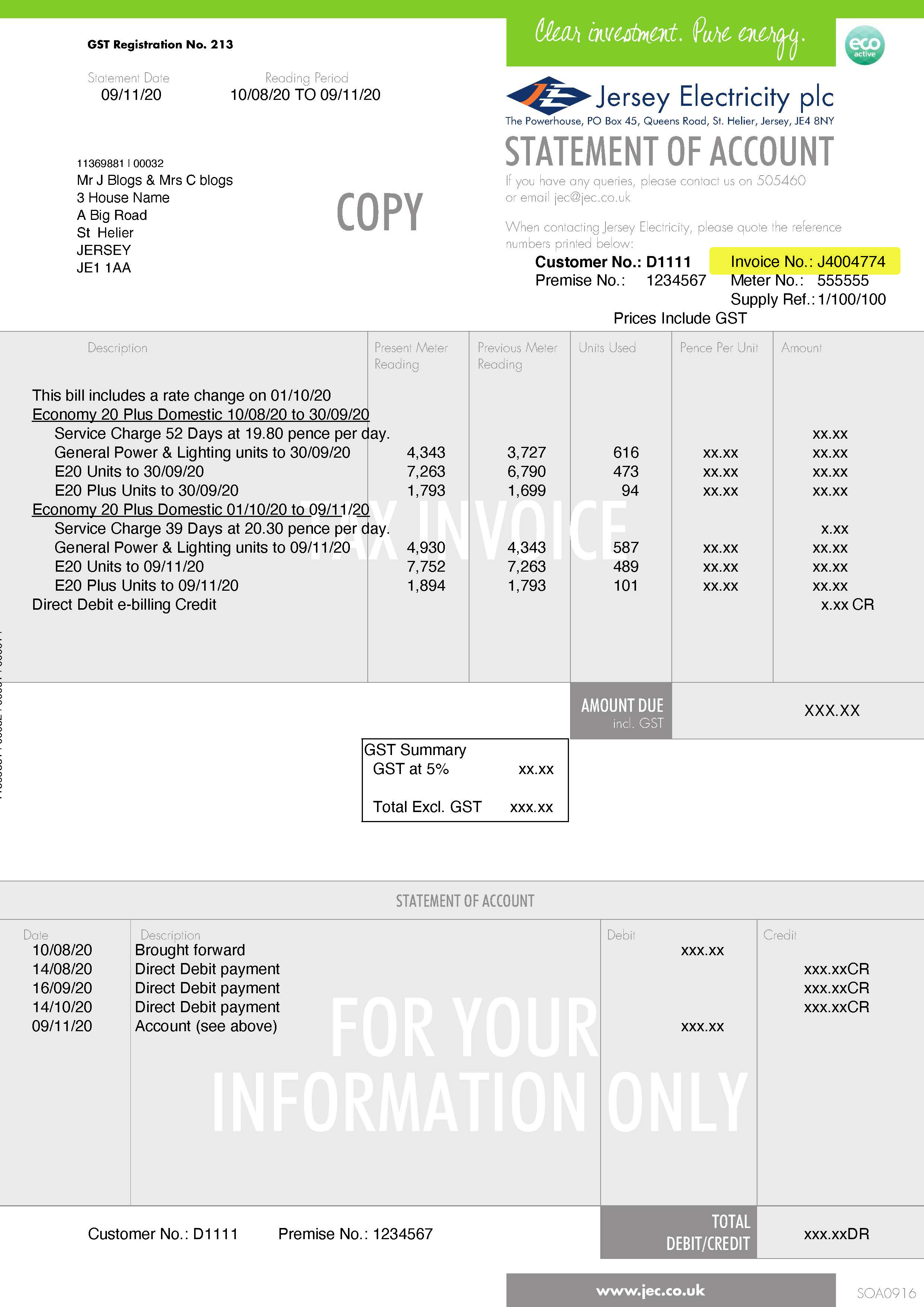 Example electricity bill with invoice number
