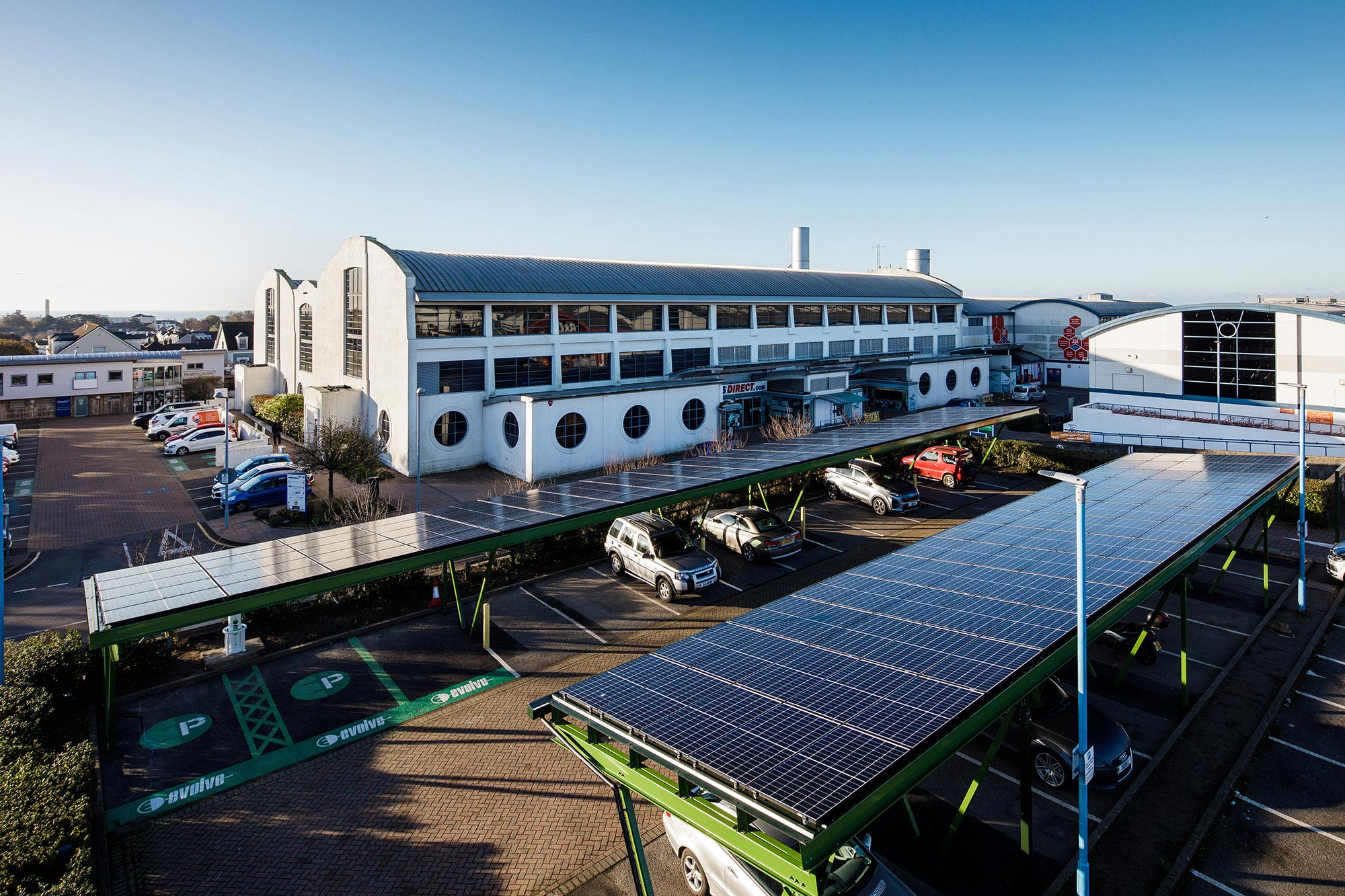 An aerial view of the solar array on the car ports at the powerhouse.
