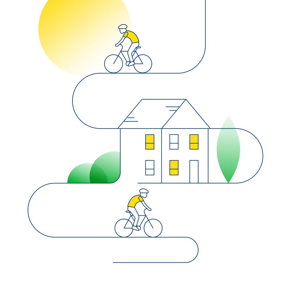 An illustration that shows a sunlit home and two cyclist riding away from it.