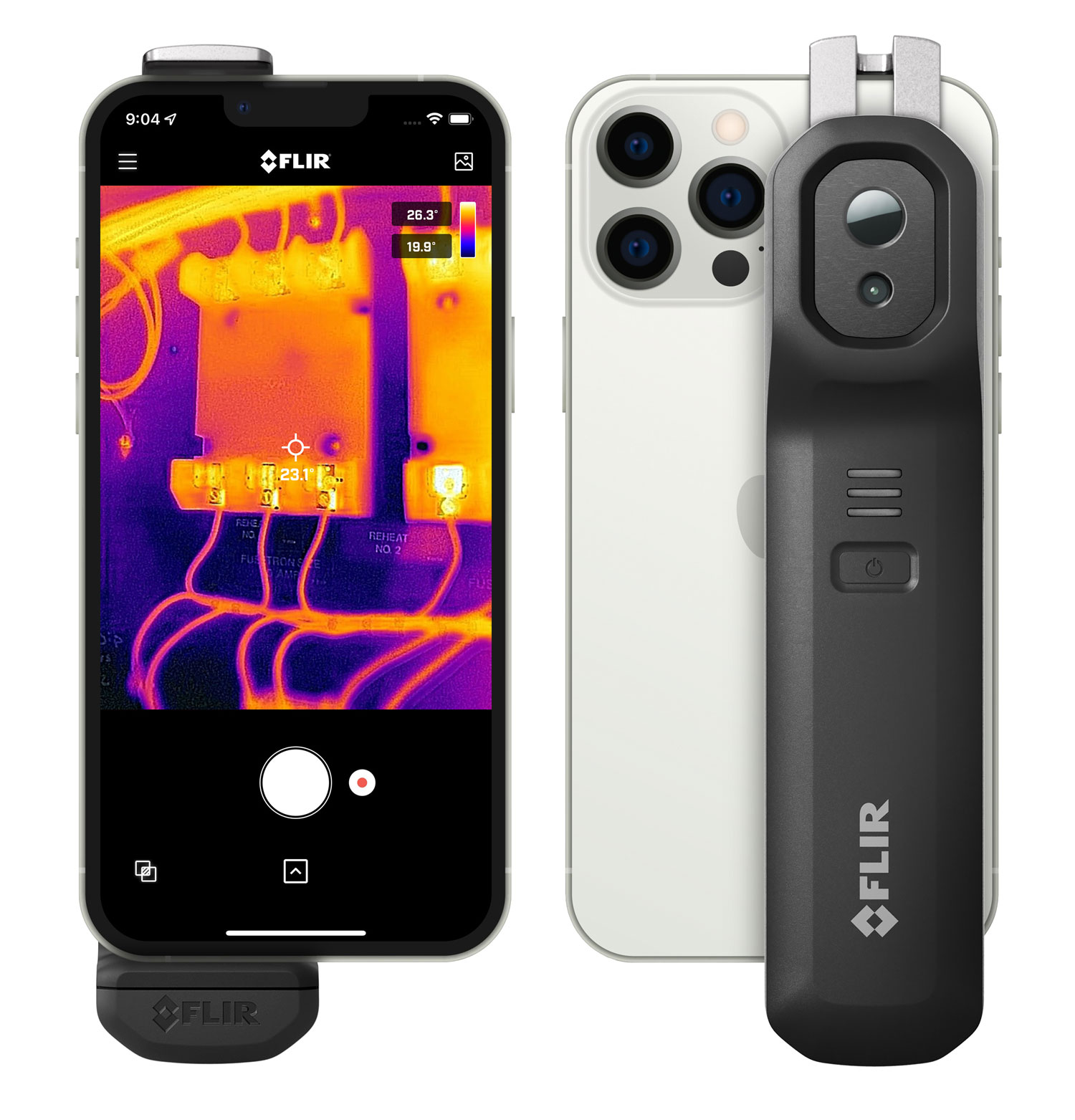 Image of a smart phone with a thermal image on the screen and an image of the camera attached to the back of a smart phone