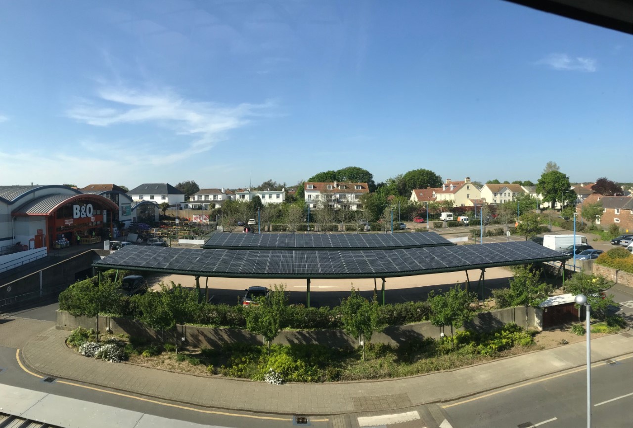 An aerial view of the solar array on top of the carports at the Powerhouse.