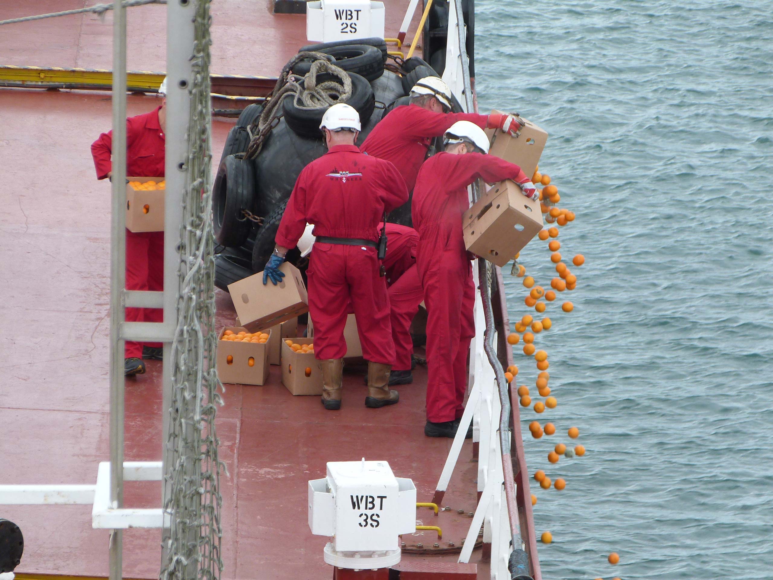 Engineers chuck oranges off a boat into the sea