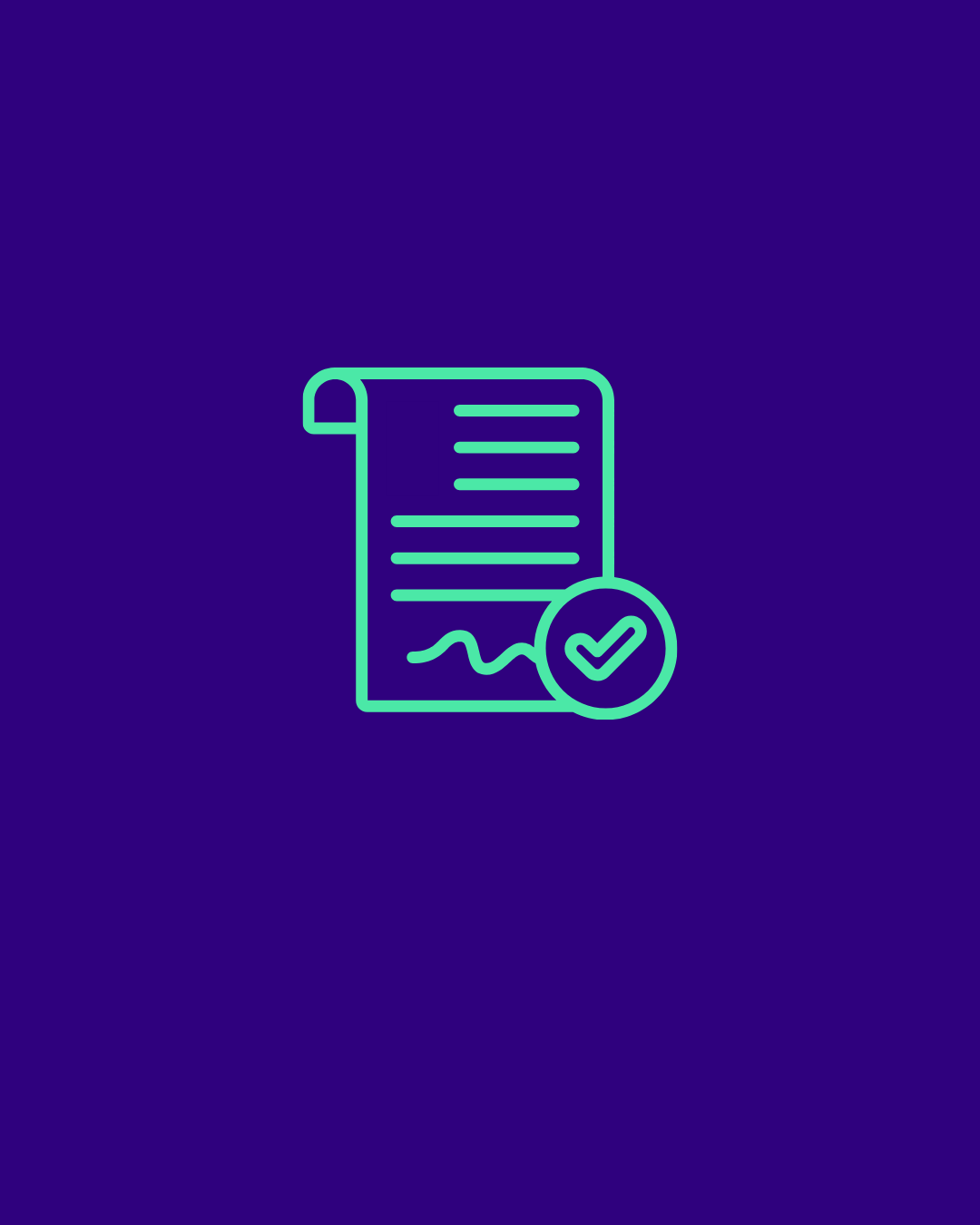 Icon of a document in green outline, displayed on a purple background.