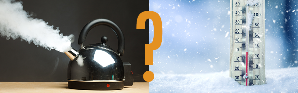 Kettle next to a thermometer with a question mark in the middle