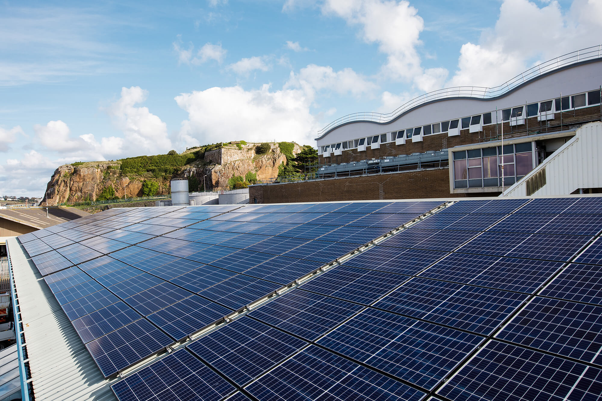 An image of the solar PV panels on top of the roof at La Collette power station.