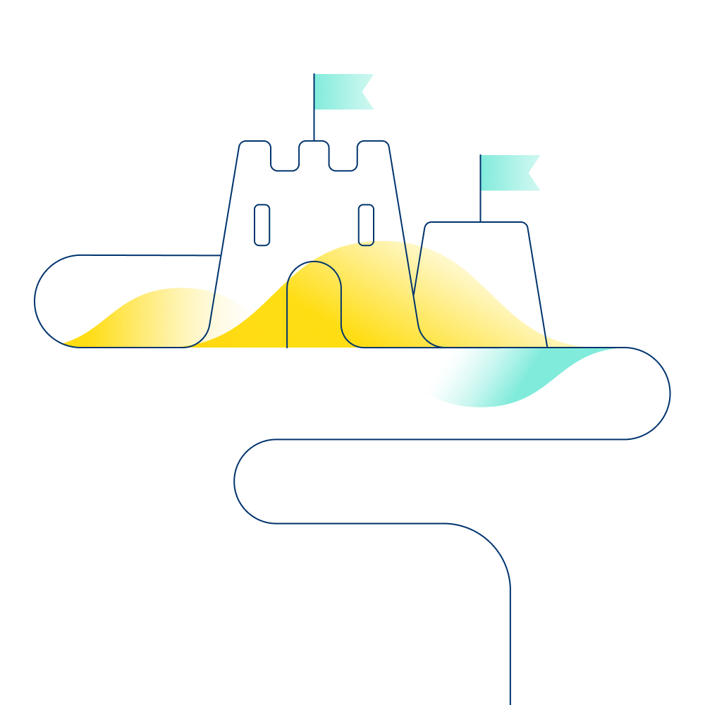 An illustration of two sandcastles with flags on top.