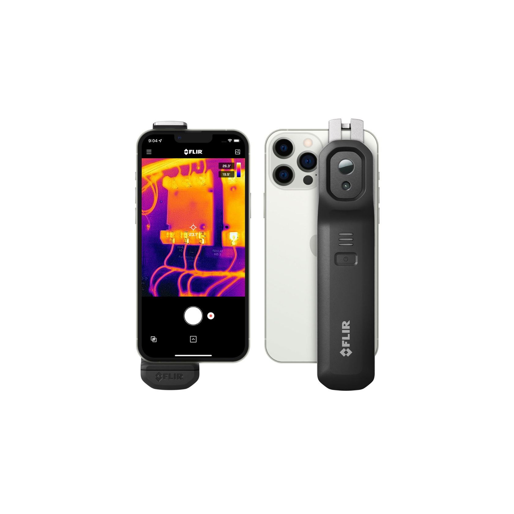 Image of a smart phone with a thermal image on the screen and an image of the camera attached to the back of a smart phone