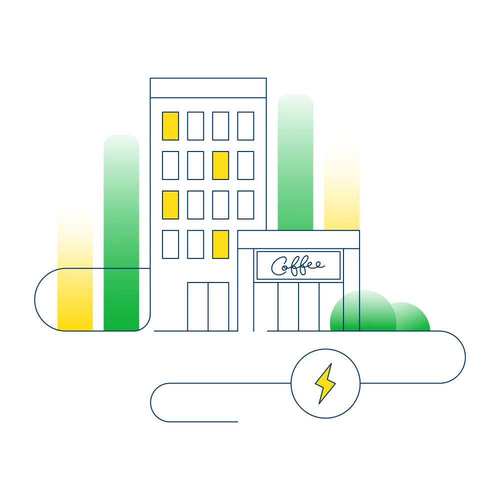 An illustration which shows a coffee shop and an office block.