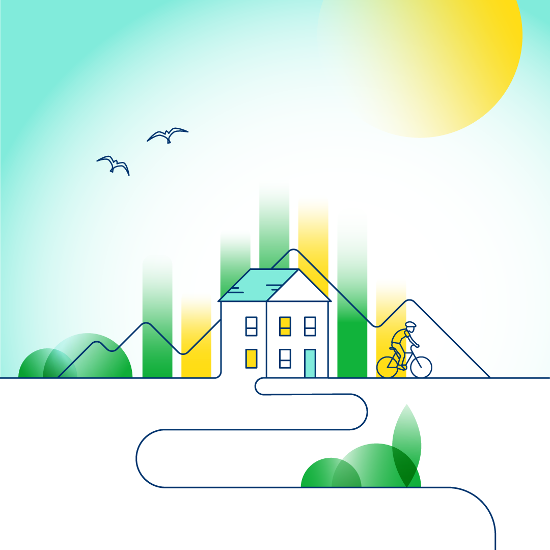 Illustration of a home, cyclist, sunshine