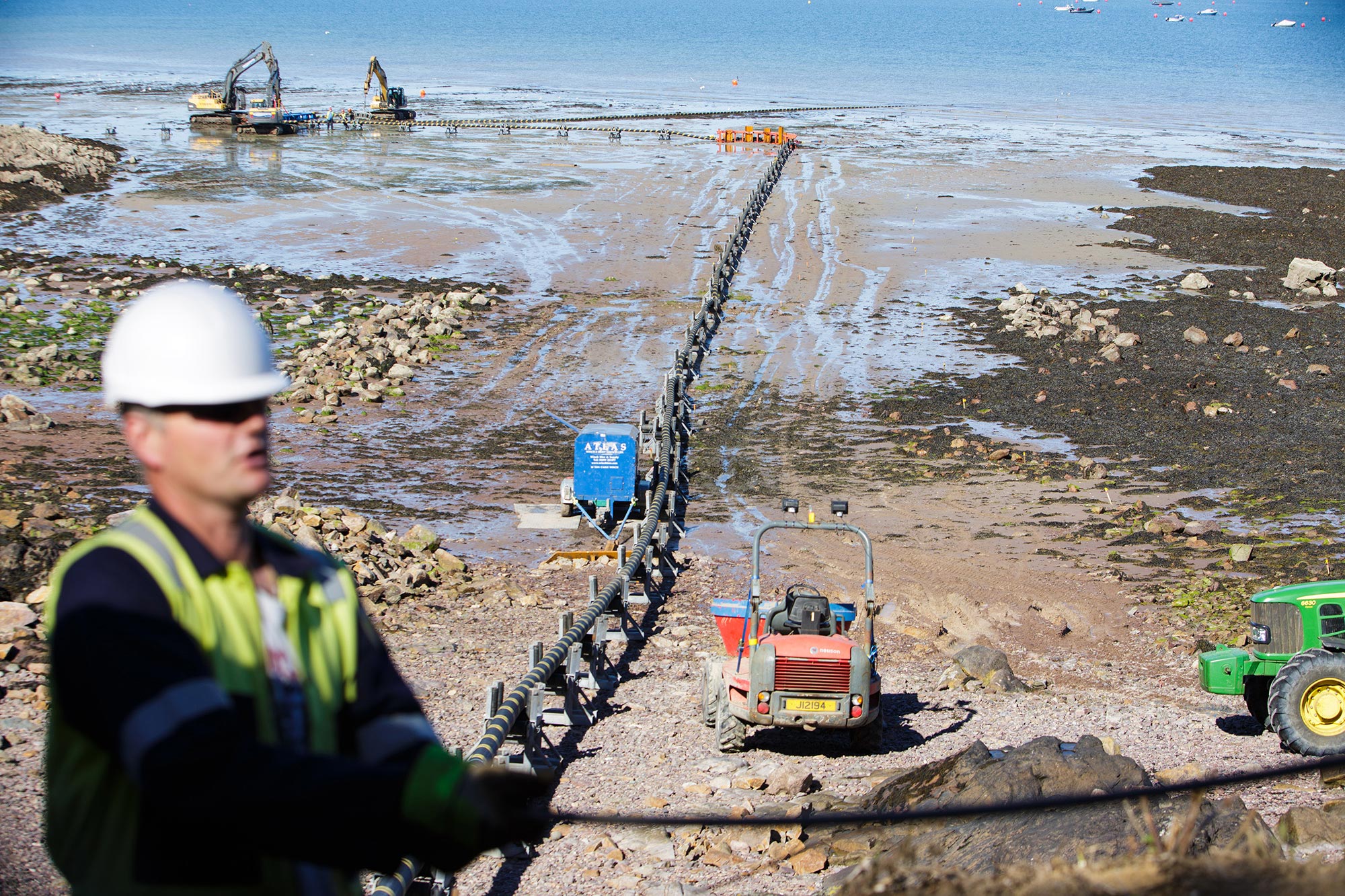 Normandie 1, a subsea electric cable is laid out across a beach ready to be buried.