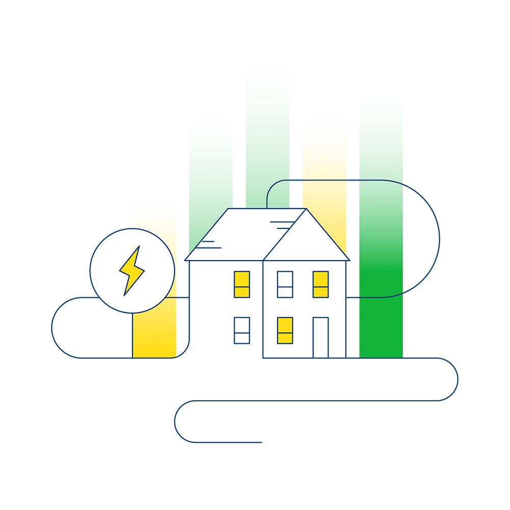 An illustration of a two storey home with green and yellow rectangles behind it.