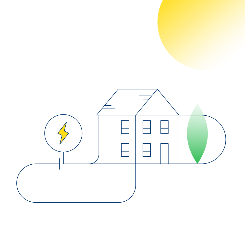 An illustation of a sunlit home with an icon representing disconnected electricity.